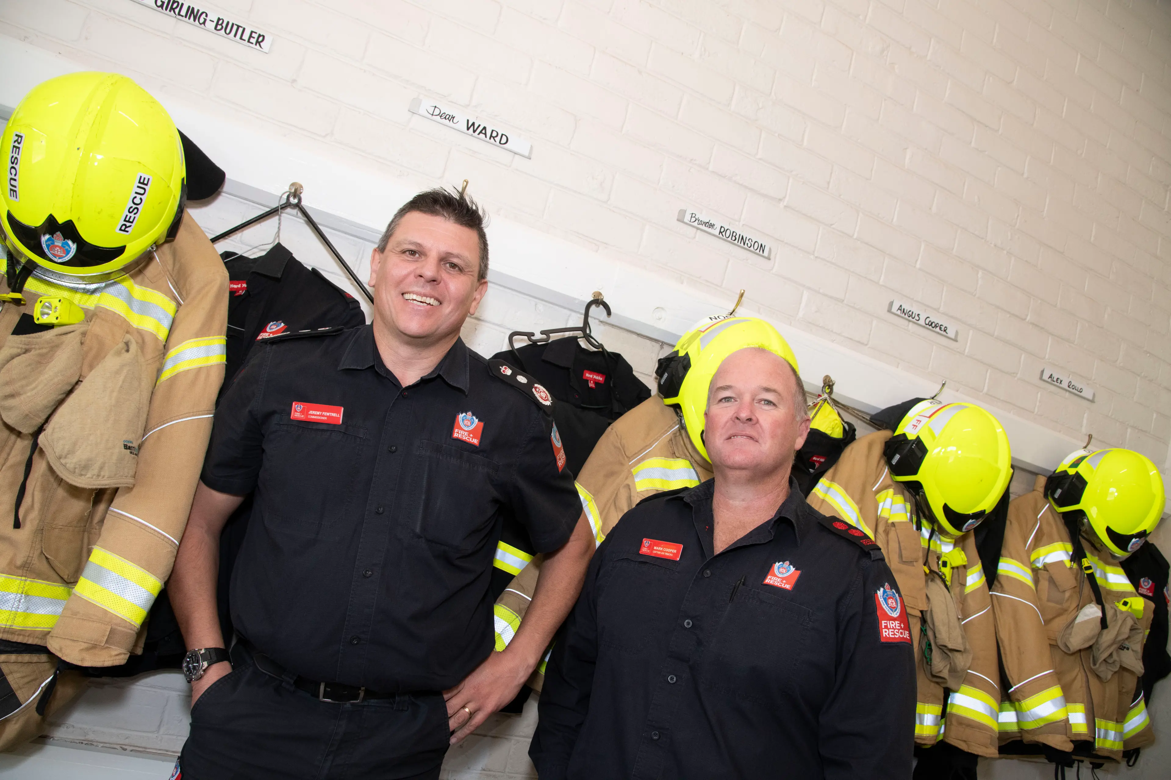 <p>FRNSW Commissioner Jeremy Fewtrell and Temora Captain Mark Cooper PHOTO: Noel Fisher </p>\\n
