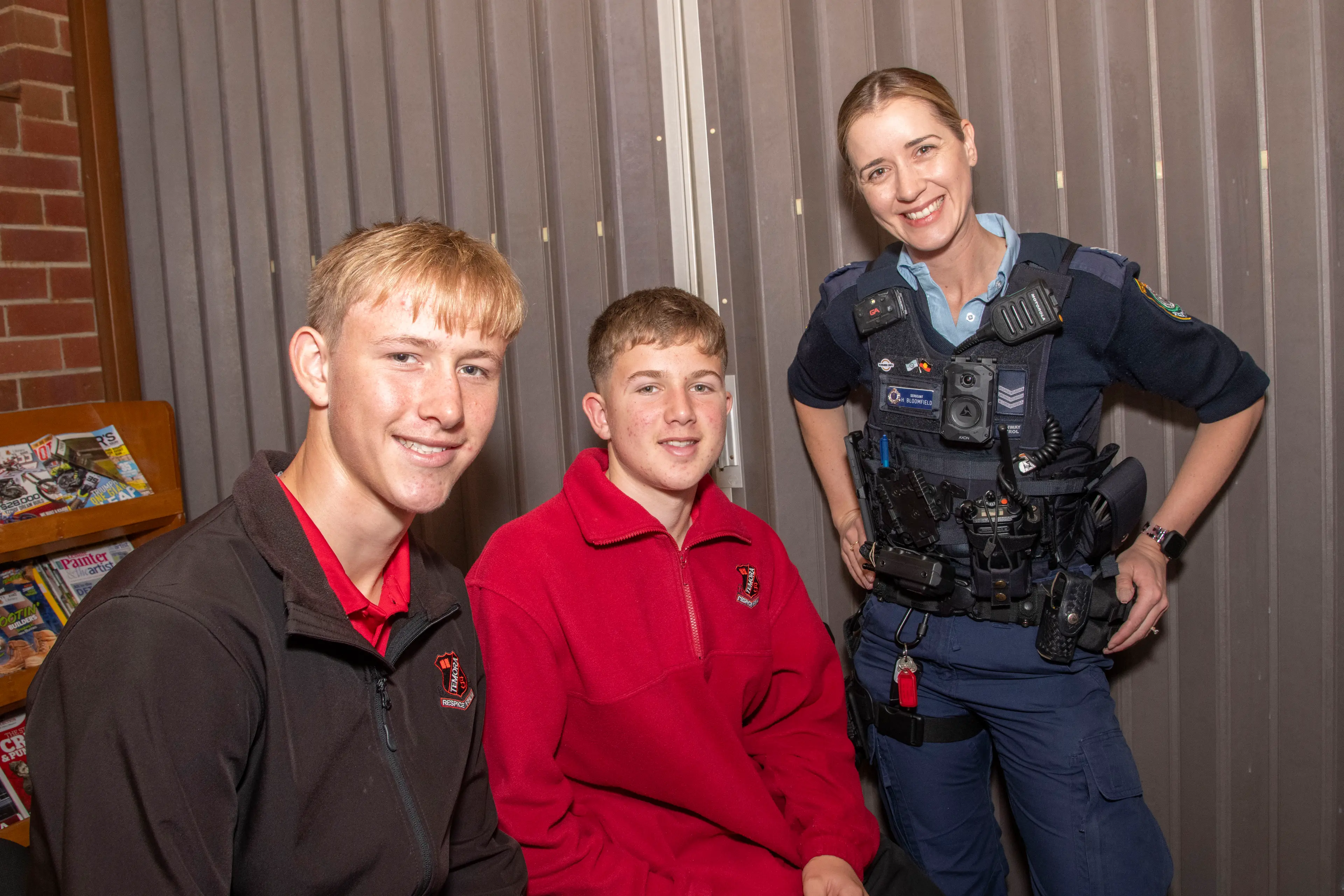 <p>George Stimson and Lincoln Curry with Sgt Hannah Bloomfield from Wagga Wagga Highway Patrol. PHOTO: Noel Fisher</p>\\n