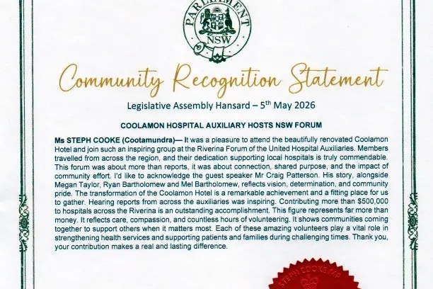 <p>The Coolamon Hospital Auxiliary has been recognised in the NSW Parliament </p>\\n