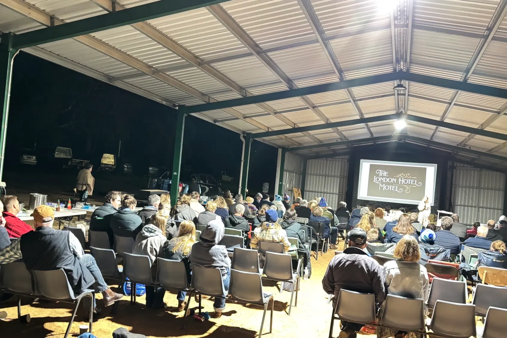 <p>Patrons getting seated in readiness for the special viewing of \\u201CJust a Farmer\\u201D, at the Ardlethan Showground.</p>\\n