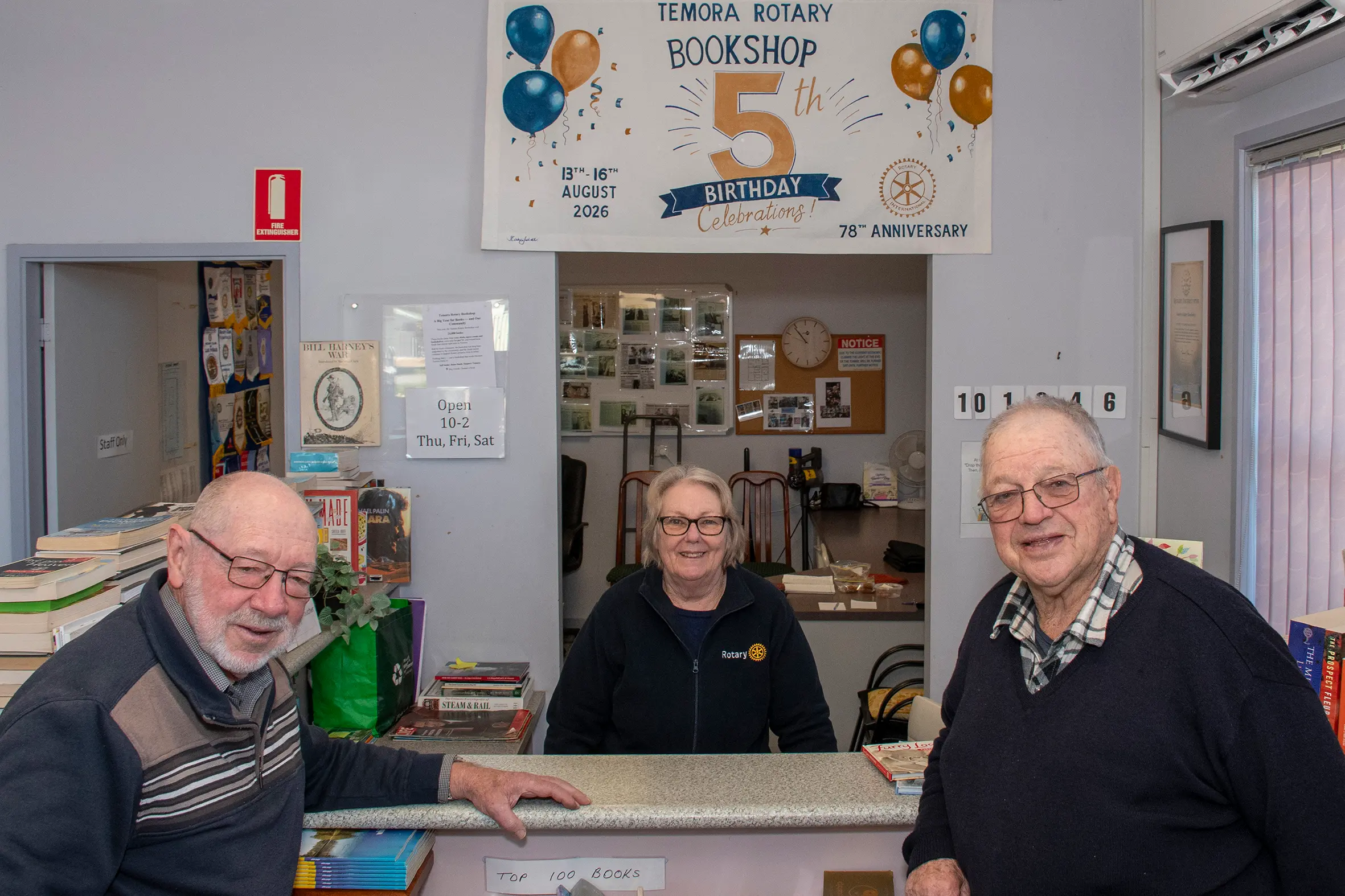 <p>Keith Anderson, Sue King and Rob Hartwig at the bookshop. PHOTO: Noel Fisher</p>\\n