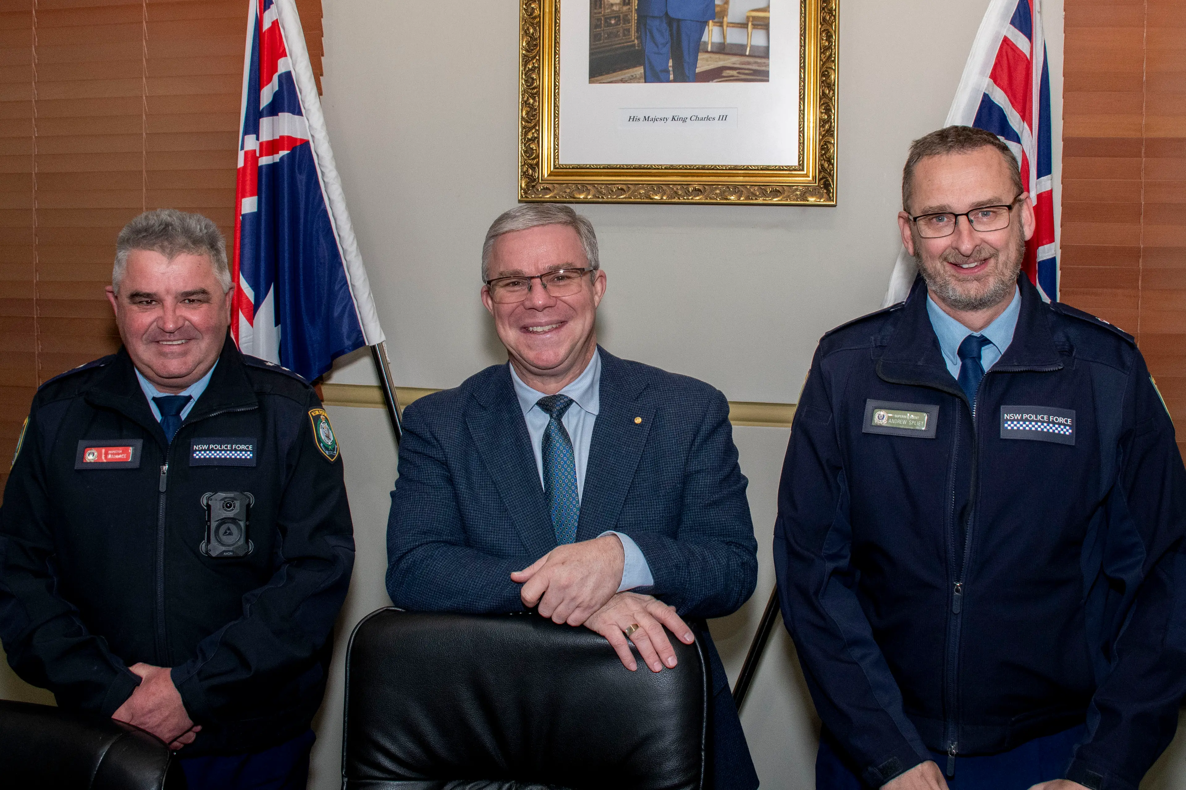 <p>Inspector Kris Wallace, mayor Rick Firman and Superintendent Andrew Spliet. PHOTO: Noel Fisher</p>\\n