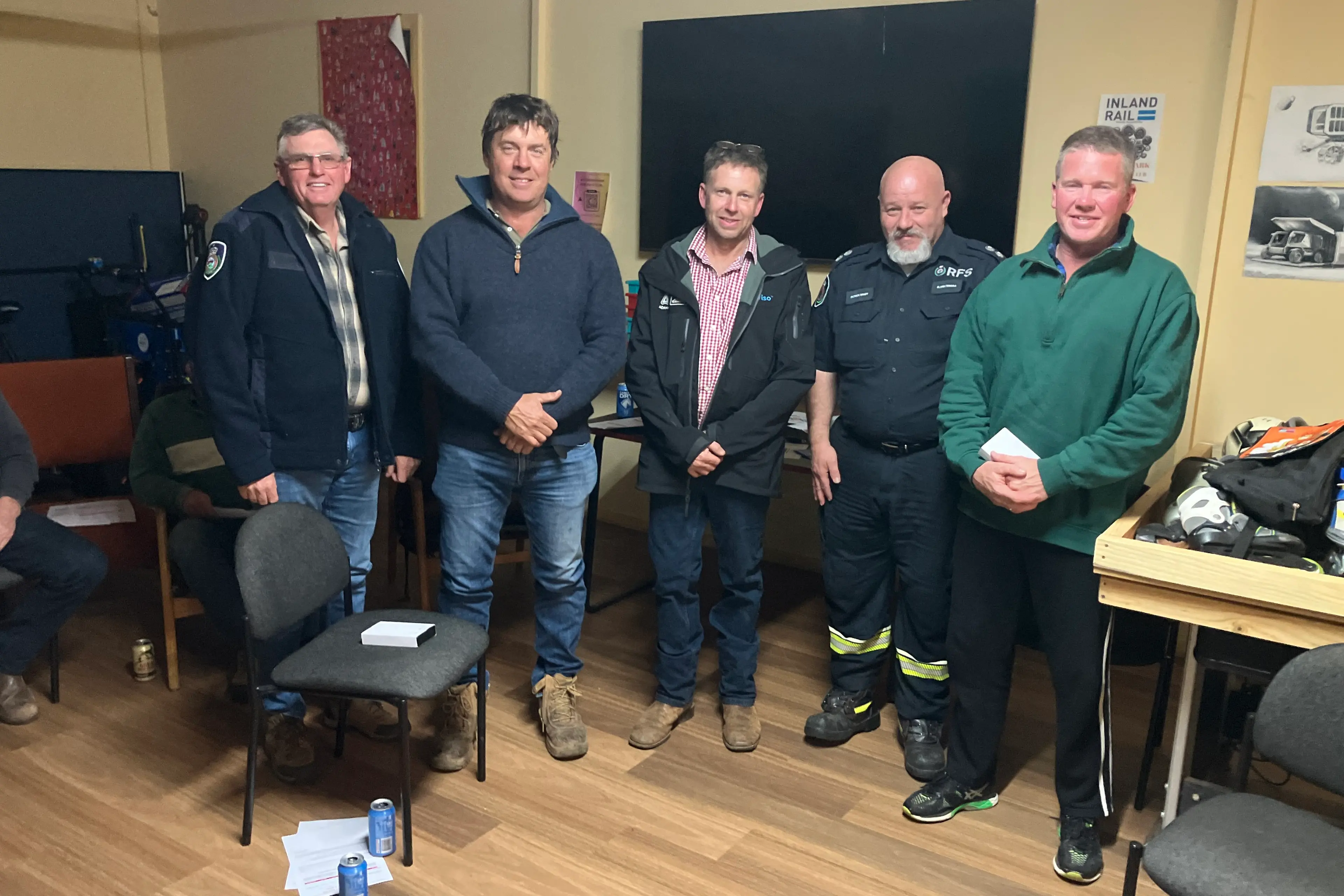 <p>ARIAH PARK. L to R: Darren Breust, Group Captain, Phil Davey, Terry Edis, Brigade Captain, Patrick Grady, Bland/Temora RFS, and Craig Leiper. Absent - Jamie Buerckner and Nathan Chalmers.</p>\\n