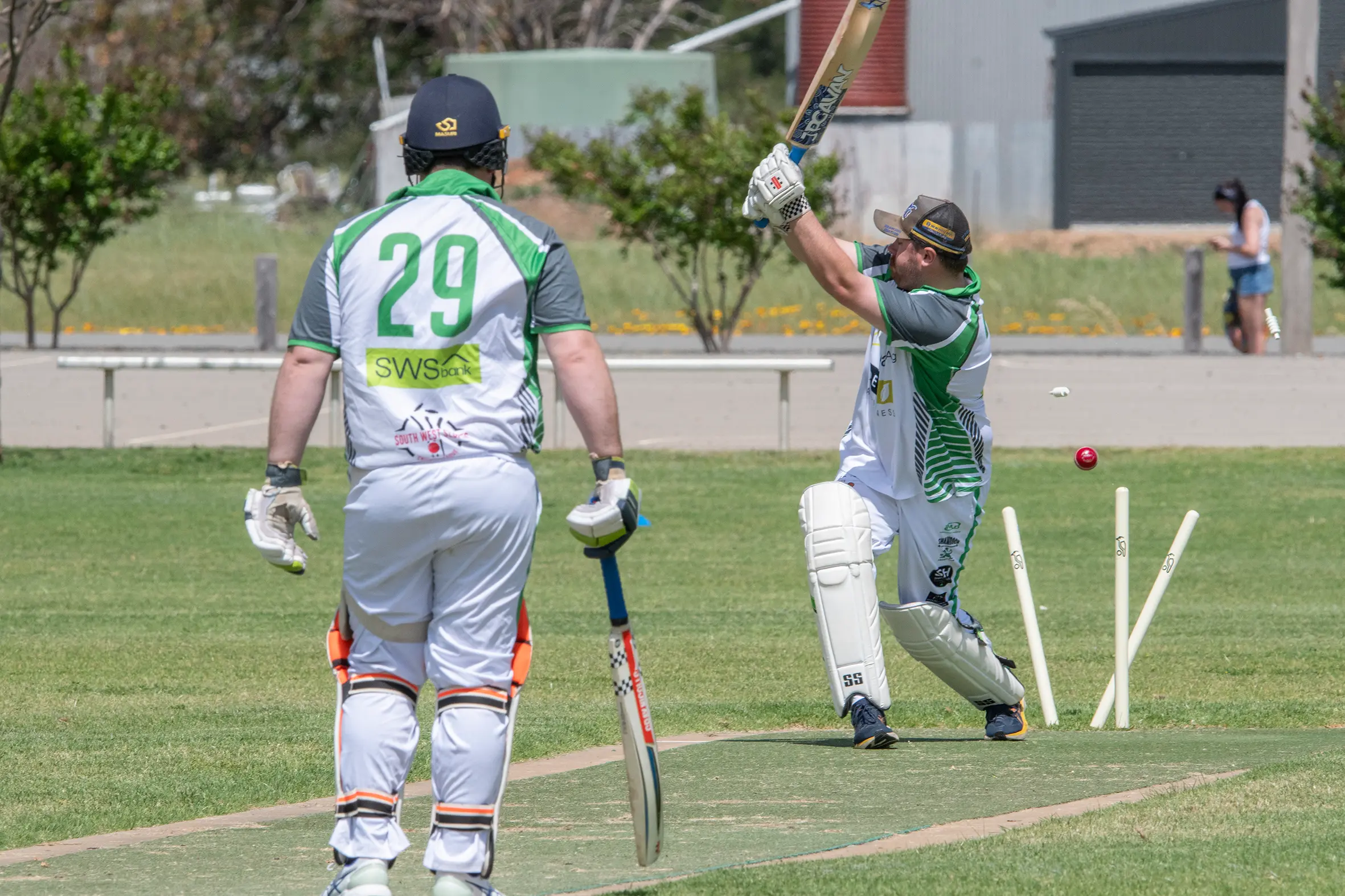 <p>The Leprechauns Jacob Humphrey gets bowled out at Saturday\\'s match. PHOTO: Noel Fisher</p>\\n
